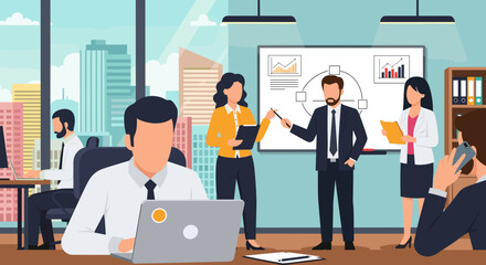 Business professionals collaborate and work in a modern office with a city view. Teamwork, presentation, and individual tasks highlight a dynamic corporate environment.