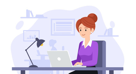 Professional woman diligently working on her laptop at a desk in a modern office. Ideal for business, online education, and remote work concepts.