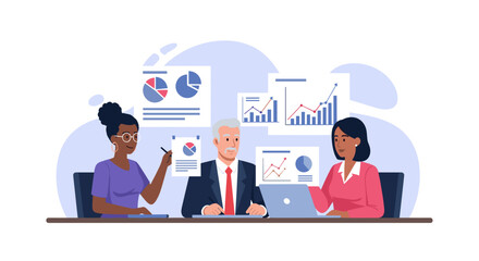 Diverse business team collaborating on data analysis, reviewing financial reports and growth charts during a professional meeting. Ideal for concepts of teamwork, strategy, and corporate success.