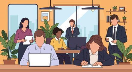 Diverse business team collaborating and working diligently in a modern open-plan office environment, symbolizing productivity and professional success.