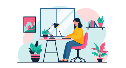 Woman working remotely on laptop in a cozy home office, surrounded by plants. Represents productivity, freelance work, and modern business lifestyle.