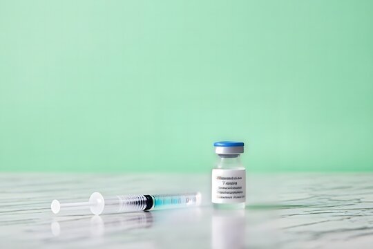 A sterile sye lies next to a vial of clear liquid medication on a marble surface against a light green background ready for medical injection treatment.