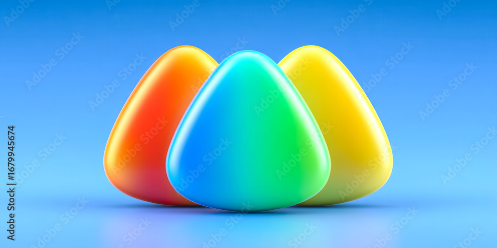 Poster three colorful plastic eggs are displayed on a blue background. the eggs are arranged in a triangula