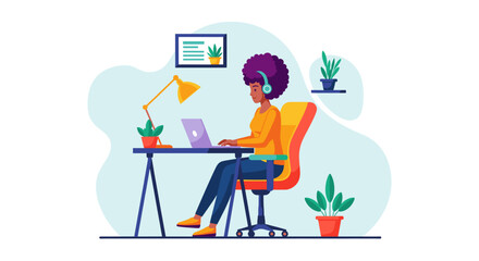 Smiling young woman with headphones working on laptop at a home office desk, focusing on her remote work or online studies. Ideal for business, technology, and lifestyle concepts.
