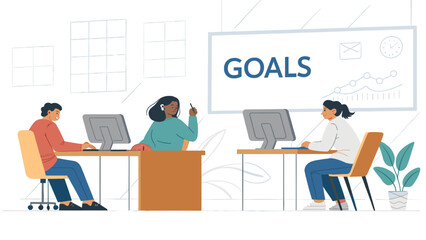 Diverse team of professionals working in a modern office, focused on achieving business goals, strategy, and productivity.