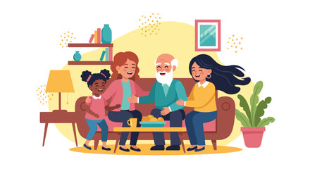 Happy multi-generational family smiling and interacting on a sofa at home, enjoying quality time together. Illustrates strong family bonds, love, and domestic happiness.