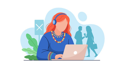 Professional woman with headphones working on a laptop, embodying remote work and digital communication. Ideal for online learning, customer support, or virtual assistance.
