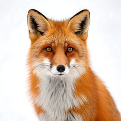 Fototapeta premium A close up portrait of a red fox with a white background looking directly at the camera with its ears up