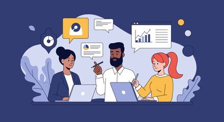 Diverse business team collaborating, analyzing data on laptops with communication and growth icons. Represents teamwork, strategy, and project development.