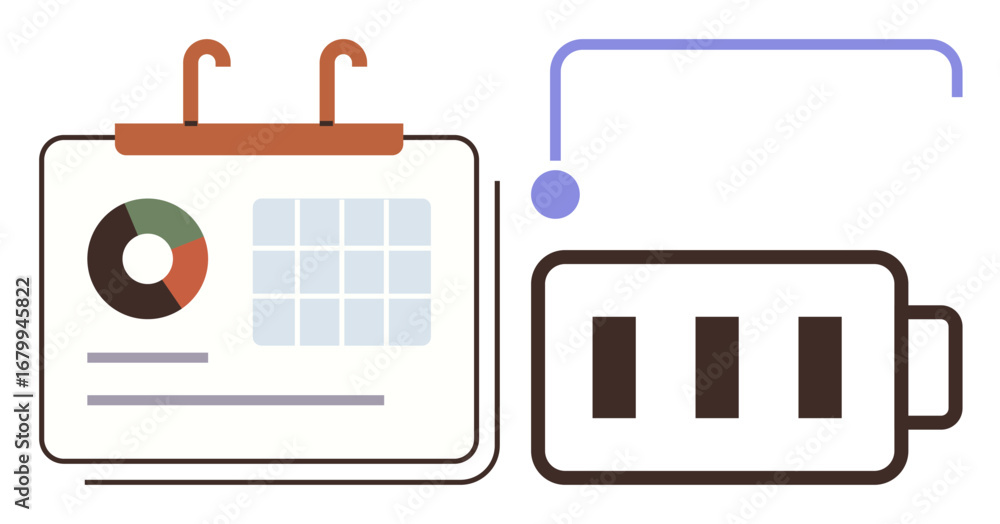 Poster calendar with graph, pie chart, and text lines linked to a battery illustration symbolizing energy, 