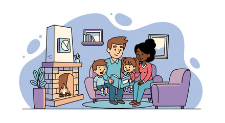 A happy diverse family enjoys reading a storybook together in their cozy living room by the fireplace, fostering learning and bonding.