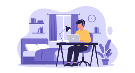 Man with headphones working on laptop at home desk in a cozy bedroom. Perfect for remote work, online education, or freelance concepts.