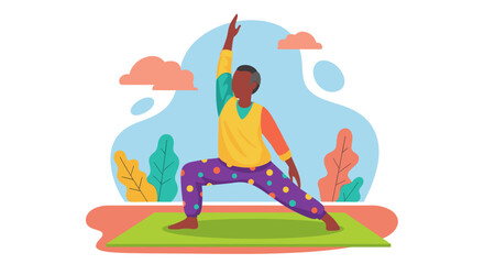 Animated senior person in colorful activewear performing a yoga pose, promoting wellness, balance, and an active lifestyle at any age.