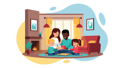 Happy diverse family playing a board game together in a cozy living room. Concept of family bonding, love, parenthood, and quality time at home. Ideal for lifestyle and parenting themes.