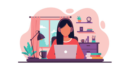 Focused woman works on laptop with headphones in a home office. Represents remote work, online learning, and modern productivity. Ideal for business or lifestyle themes.