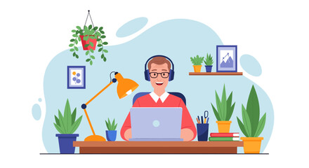 Happy man in headphones working on laptop at his home office desk, surrounded by plants. Represents remote work and digital productivity.