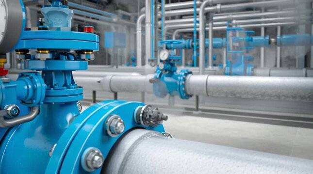 Industrial pipeline systems featuring blue valves and pressure gauges in a manufacturing facility