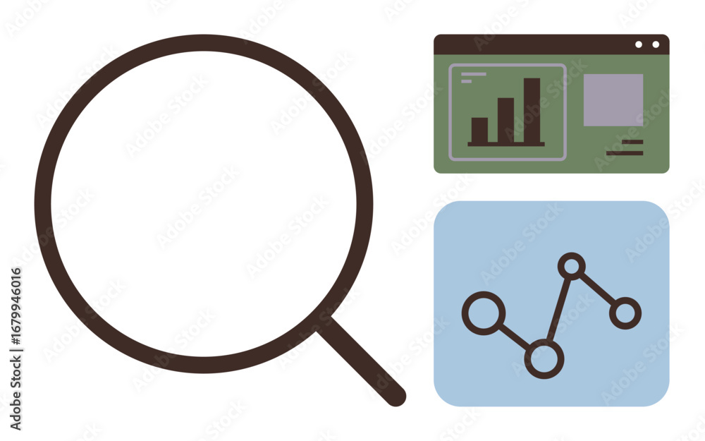 Poster magnifying glass, bar graph in browser, and network graph symbolize analysis, research, insights. id