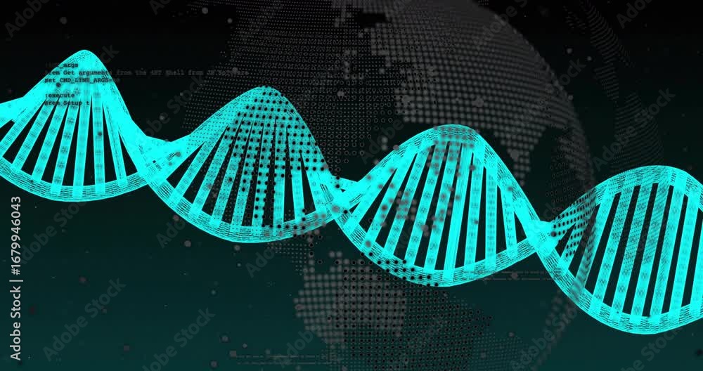 Poster at launch digital dna helix emerging from left undulating and pulsing to center showcasing data