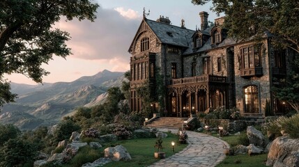 Fototapeta premium Majestic hillside manor with elaborate architecture, framed by manicured lawns and distant mountains
