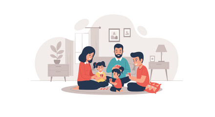 Happy family playing cards together on the living room floor. Parents and children enjoying quality time, bonding, and fun at home. Ideal for lifestyle, parenting, or entertainment themes.