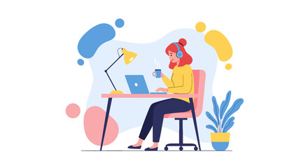 Productive woman in headphones working remotely on a laptop with a hot drink. Ideal for business, freelance, online education, and modern lifestyle concepts.