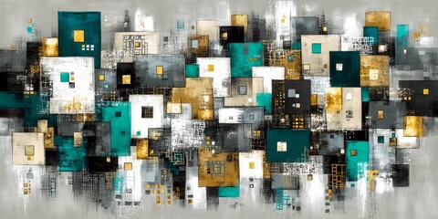 A painting of squares of different colors and sizes. The painting is abstract and has a lot of texture. The colors are bright and bold, and the composition is very dynamic