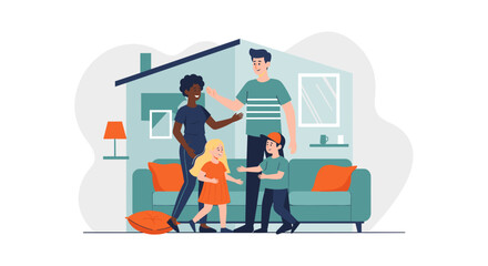 Happy diverse family with parents and two children joyfully interacting at home. Represents modern family life, care, and domestic comfort.