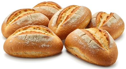 Mexican bolillo bread rolls, rustic golden crust, isolated on white, clean professional food shot