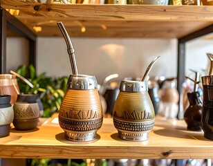 Two decorative mate gourds with metal straws sit on a light-brown wooden shelf, showcasing intricate patterns and a warm, inviting atmosphere.