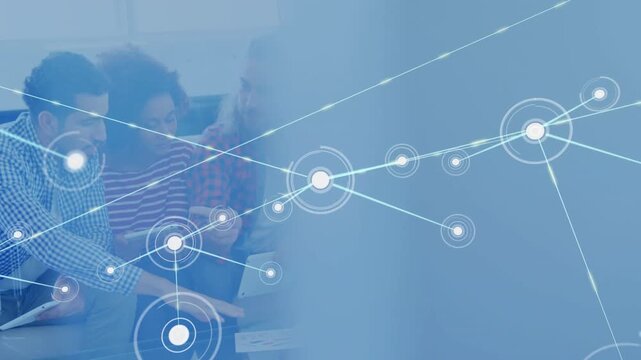 Colleagues leaning and pointing at chart initiating network nodes overlay during business session - Powered by Adobe