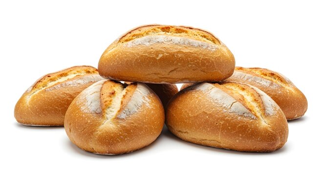 Mexican bolillo bread rolls, rustic golden crust, isolated on white, clean professional food shot