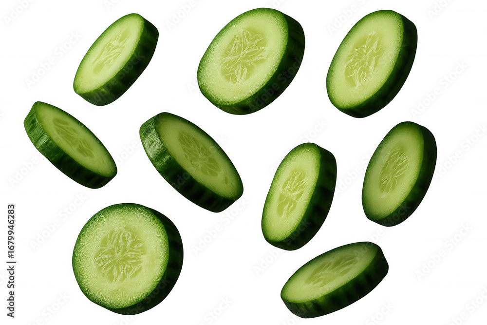 Aufkleber cucumber slices dropping through clear space, generating vibrant motion and crisp freshness