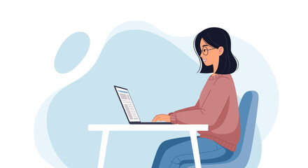 Young woman working intently on a laptop at her desk. Represents remote work, online education, or a digital freelance lifestyle, highlighting focus and productivity.
