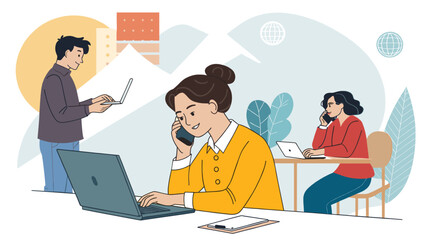 Professionals collaborating and communicating in a modern work environment, utilizing laptops and phones for business, remote work, or customer service.