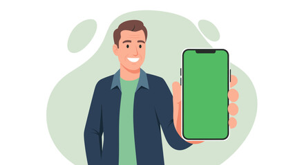 Smiling man presenting a modern smartphone with a green screen. Ideal for app showcases, digital marketing, or technology concepts.