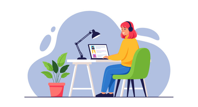 Smiling woman in headphones working remotely on laptop at a modern home office desk, engaging in an online video call. Concept of remote work, e-learning, and digital communication.