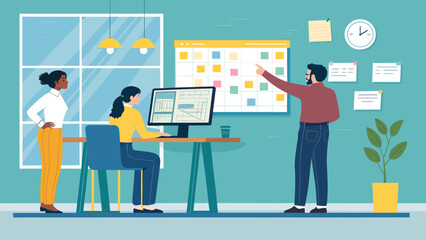 Diverse business team collaborating in a modern office, planning tasks on a calendar. Perfect for themes of teamwork, project management, and productivity.