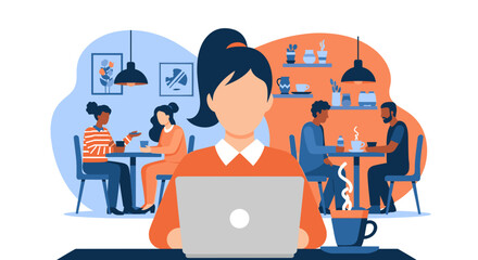 Professional woman engaged in remote work on her laptop in a lively cafe setting, depicting modern work-life balance and social productivity.