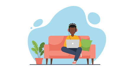 Young person using a laptop and headphones while relaxing on a couch at home. Ideal for concepts of remote work, online learning, or leisure.