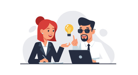 Two cheerful business colleagues brainstorm new ideas, collaborating on innovation and problem-solving. Ideal for concepts of teamwork, creativity, and business strategy.