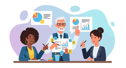 Diverse business team collaborating on a data analysis presentation, discussing strategy and growth. Ideal for corporate training, financial planning, and business development concepts.