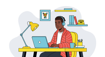 Young man happily working or studying remotely at his home office desk with a laptop and headphones, illustrating modern work-life balance and productivity.