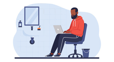 Man working on a laptop from an unconventional bathroom setting, illustrating remote work, flexibility, and modern digital lifestyle.