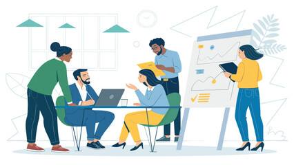 Diverse business team collaborating in an office meeting, discussing data and strategy on a whiteboard for project success and innovation.