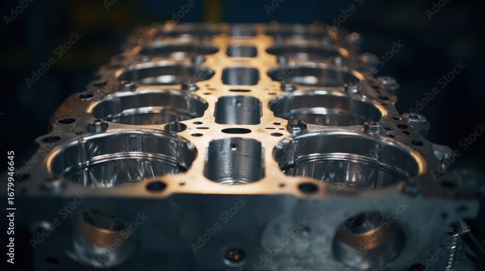 Poster closeup medium shot of a vtype engine block showing clear piston chambers outoffocus tools and parts