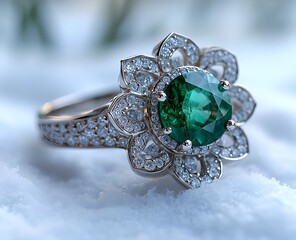 Open solitaire emerald ring accented with white diamonds on a pure white background with soft ripples in the snow enhancing its natural beauty