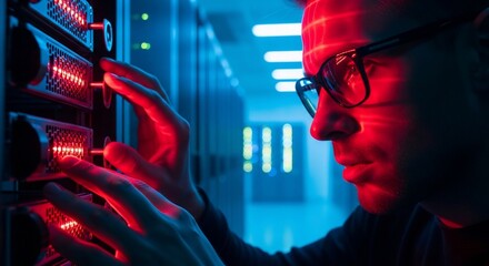 Server Room Technician - Red and Blue Lit Face, Glasses, and Hands on Equipment.