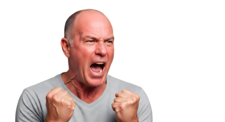Angry man shouting with fists clenched isolated on transparent background isolated background