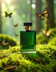 A lush green perfume bottle rests on a bed of vibrant moss, surrounded by flitting butterflies, bathed in the soft sunlight of a forest.